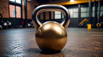Powerful golden kettlebell gleams on a wet gym floor, ready for intense strength training and functional fitness workouts in a modern, industrial-style fitness studio setting.