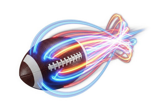 American football flying with energetic neon light trails