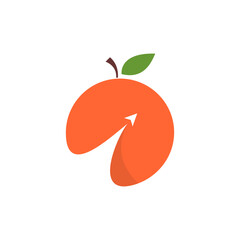 Minimalist orange citrus fruit icon with a green leaf and an arrow cut-out. Abstract vector logo representing fresh food delivery, success, and growth