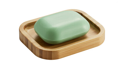 Natural green soap bar rests on a clean bamboo soap dish for hygiene