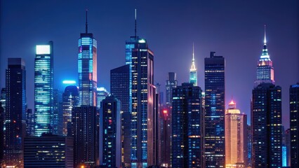 A stunning skyline illuminated at night, showcasing modern skyscrapers against a deep blue sky.