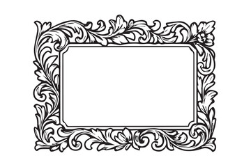 Vector illustration of a simple elegant carved wooden frame, designed in minimal monochrome black and white style with strong bold black outlines.