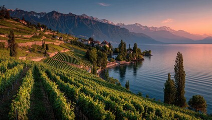Naklejka premium Vineyard terraces on Lake Geneva at sunrise