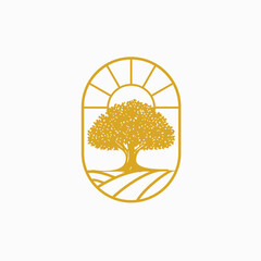 Elegant gold line art logo of a large oak tree on rolling hills with a rising sun, enclosed in a minimalist oval frame