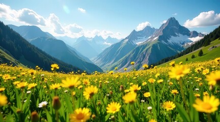 Fototapeta premium Serene Mountain Meadow with a Vibrant Display of Yellow Wildflowers Basking in Sunny Daytime Light