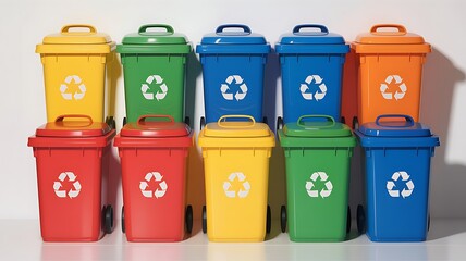Colorful recycling bins lined up for eco friendly waste management and environmental sustainability promoting green practices