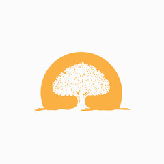 Minimalist vector illustration of a solitary tree of life against a warm orange rising sun, a symbol of nature's beauty, growth, and serenity