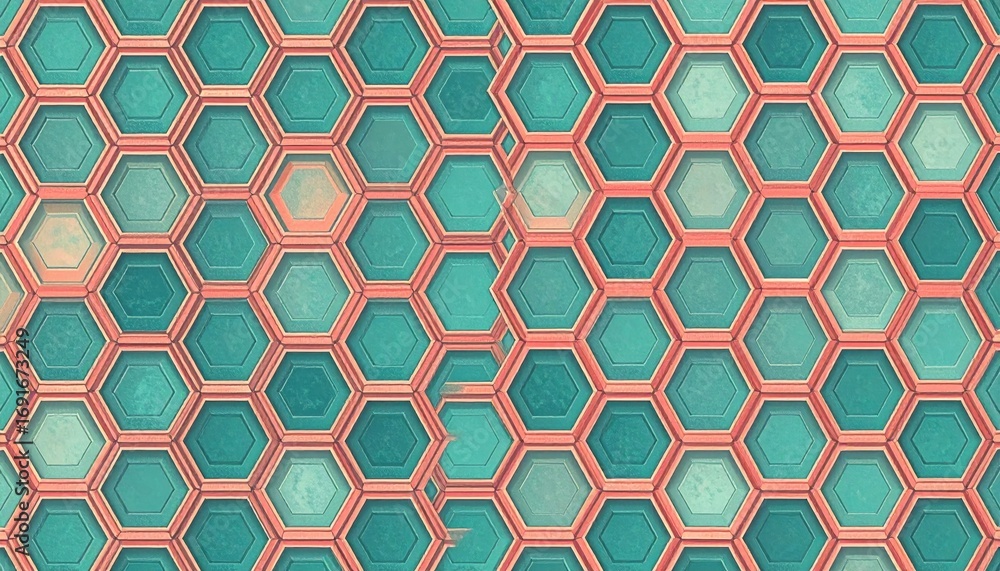 Poster a repeating pattern of 3d hexagonal shapes in teal and peach tones, creating a textured and visually