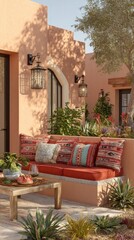 A peach-toned outdoor patio boasts a comfortable seating area with colorful patterned cushions, complemented by elegant black lanterns affixed to the wall.
