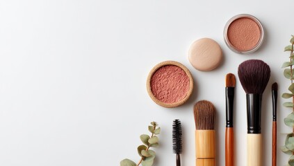 Makeup brushes and powder, arranged on a white surface