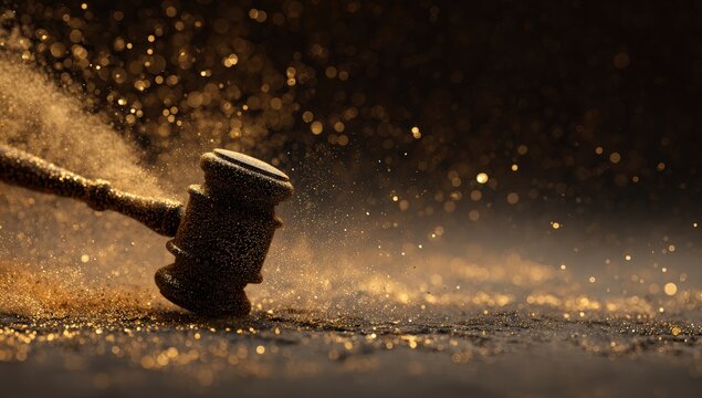A judge's gavel, golden dust and dark backdrop
