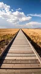 Long boardwalk path to horizon under blue sky