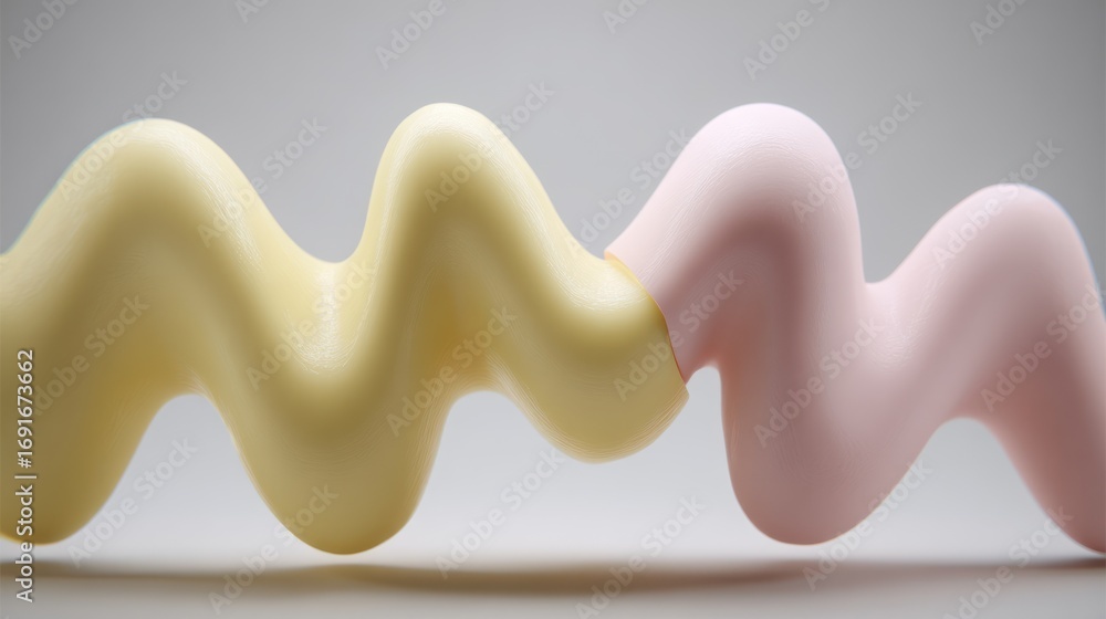 Poster abstract wavy shapes in soft yellow and pink colors with smooth texture on light gray background