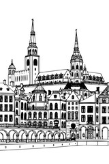 Obraz premium Krakow, Poland black and white coloring page for adults. Europe city, cityscape, buildings, cathedral, castle vector outline doodle sketch for anti stress color book