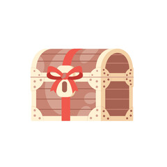 Wooden treasure chest with a red ribbon bow and metal fittings, symbolizing the riches of the New World for Columbus Day.