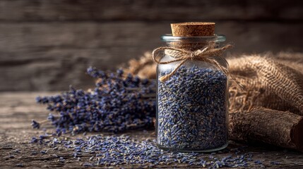 Dried lavender flower in glass bottle on wooden background, rustic and natural