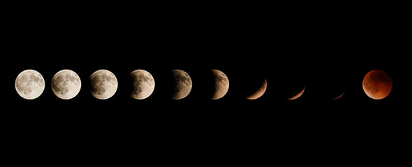 phases of the moon during a total lunar eclipse captured in sequence across the night sky, showing transition from bright full moon to dark red blood moon in clear view