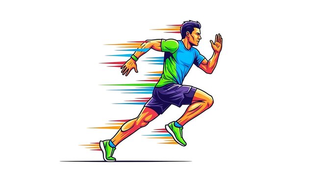 Dynamic runner speeding forward with vibrant energy trails, perfect for fitness brands, sports campaigns, and motivational health initiatives - Powered by Adobe