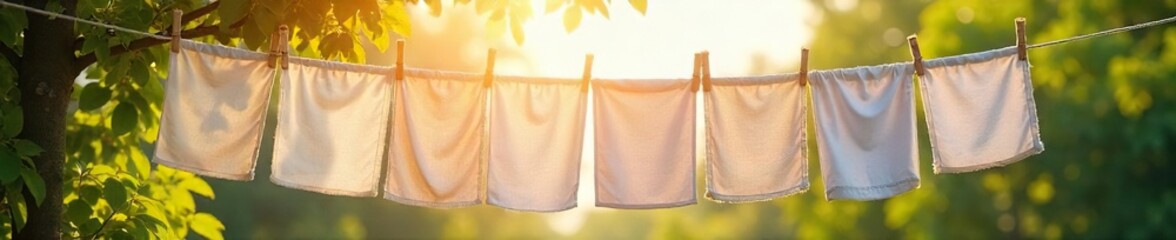 Crisp, clean, and newly-pressed linens on a clothesline, drying in the gentle breeze A scene of fresh laundry, sun-kissed and airy, radiating a sense of purity and renewal , pillowcase, white