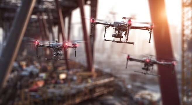 Industrial drones inspect a construction site