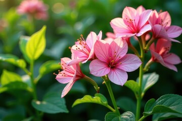 Delicate Pink Blossoms in Soft Sunlight A Close-Up View of a Cluster of Flowers with Vibrant Petals and Lush Green Foliage