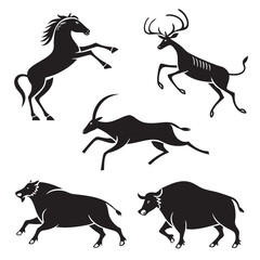 Collection of stylized black silhouettes of wild animals including a rearing horse leaping deer running antelope and charging bull and bison on a white background © Ferdou