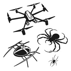Black silhouette icons of a drone a large spider a small spider and a helicopter on a white background representing technology and nature