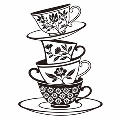 Stack of four vintage teacups with floral patterns in black and white silhouette perfect for tea party or cafe decor