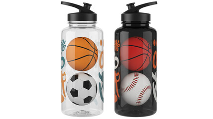 Dynamic sports water bottles featuring basketball soccer and baseball designs