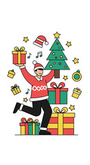 Joyful man celebrating christmas holidays surrounded by gifts and festive decorations