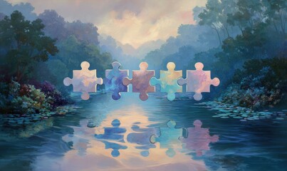 Colorful puzzle pieces float over a serene river landscape