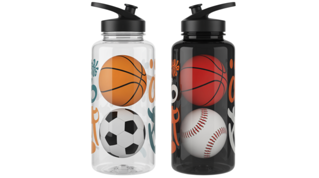 Dynamic sports water bottles featuring basketball soccer and baseball designs - Powered by Adobe