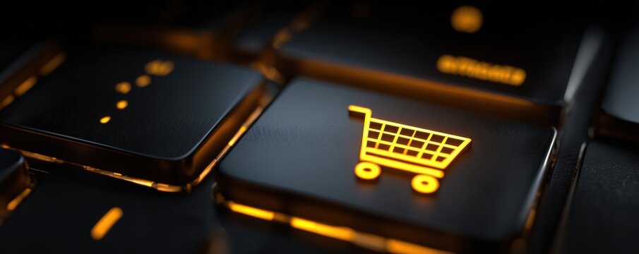 Close-up of a glowing shopping cart icon on a dark keyboard