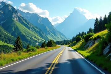 Fototapeta premium Asphalt ribbon unwinding through a verdant valley, flanked by majestic mountains under a brilliant sunlit sky