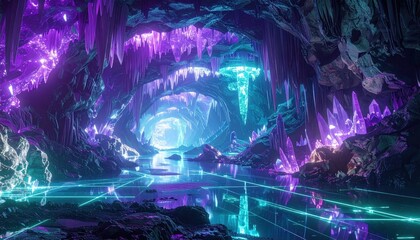 A vibrant, otherworldly cave, illuminated by vibrant purple, pink, and teal neon lights, showcasing crystalline formations and a reflective pool.