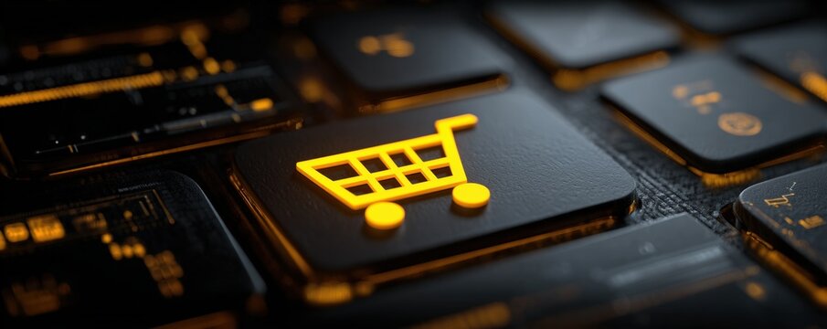 Close-up of a keyboard key with a shopping cart icon - Powered by Adobe