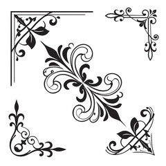 Collection of ornate black decorative corner elements and flourishes for borders and frames elegant vintage design motifs on a white background