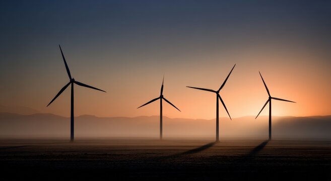 Wind turbines at dawn in a misty desert