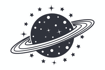 Saturn Planet with Rings and Stars, Monochrome Icon on White Background