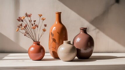 Elegant Still Life Composition Featuring Decorative Vases and Dried Flowers on a Wooden Surface in Natural Light