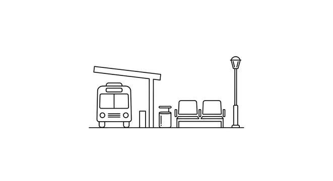 Simple line drawing of a bus stop with a bus, seating, trash can, and street light for urban planning or transportation design projects