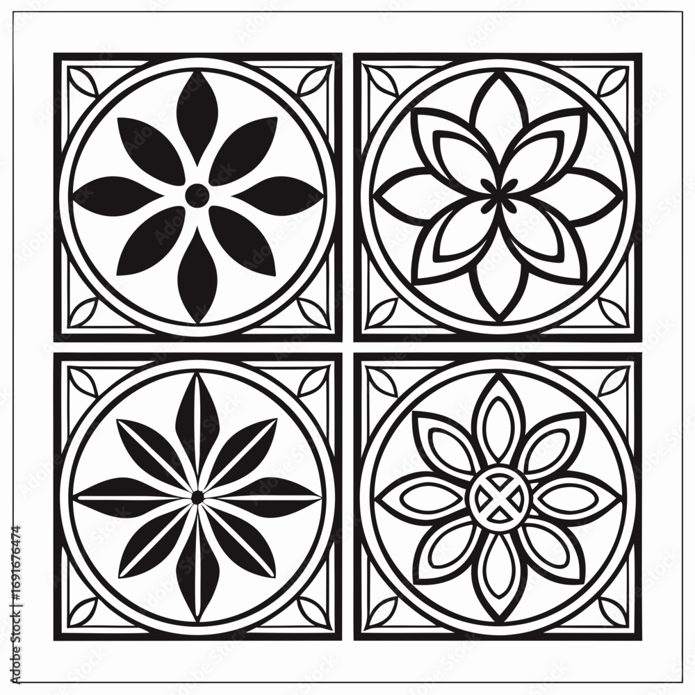 Poster a collection of four distinct black and white geometric floral tile designs arranged in a square gri