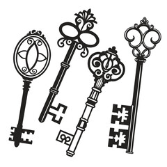 Collection of four ornate vintage skeleton keys in black silhouette on a white background representing antique access and mystery