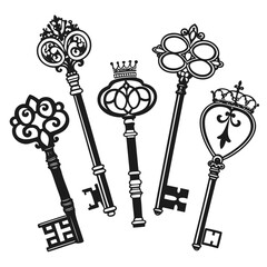 A collection of ornate antique keys with decorative tops including some featuring crowns presented in a stylized black silhouette against a white background