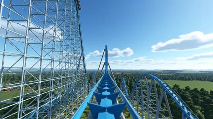 POV shot from a roller coaster as it ascends a steep lift hill, with a vast landscape of trees and blue sky visible. - Powered by Adobe