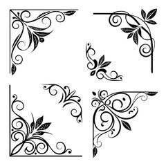 Elegant black ornate floral corner designs with swirling vines and leaves perfect for decorative borders and invitations