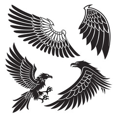 Obraz premium Collection of stylized black eagle wings and birds in flight perfect for graphic design tattoos and emblems