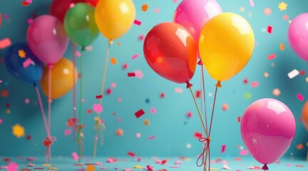 Joyful Celebration Colorful Balloons and Confetti Falling on a Light Blue Background