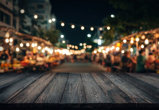 Night market street scene, wooden tabletop