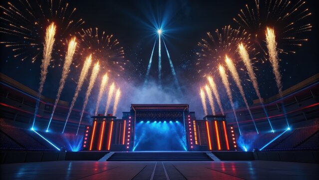 A vibrant concert stage with fireworks illuminating the night sky, creating an electrifying atmosphere for a live performance. - Powered by Adobe